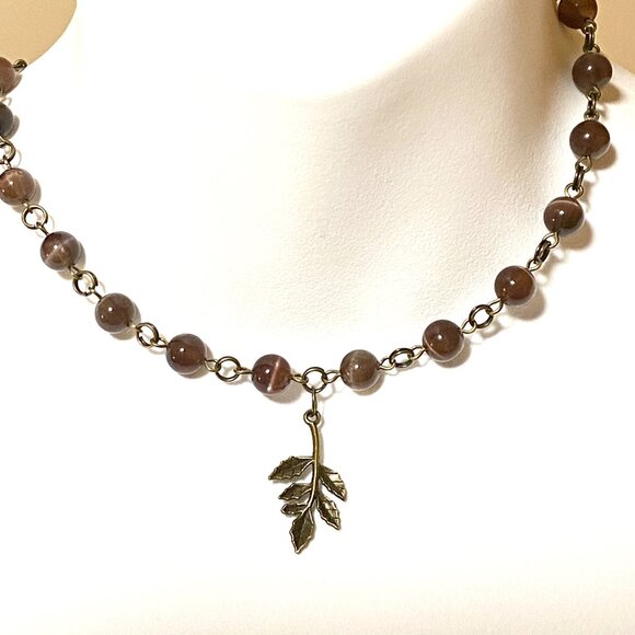 Cute Purple Cat's Eye Bronze Leaf Branch Pendant Adjustable Choker - Picture 2 of 14